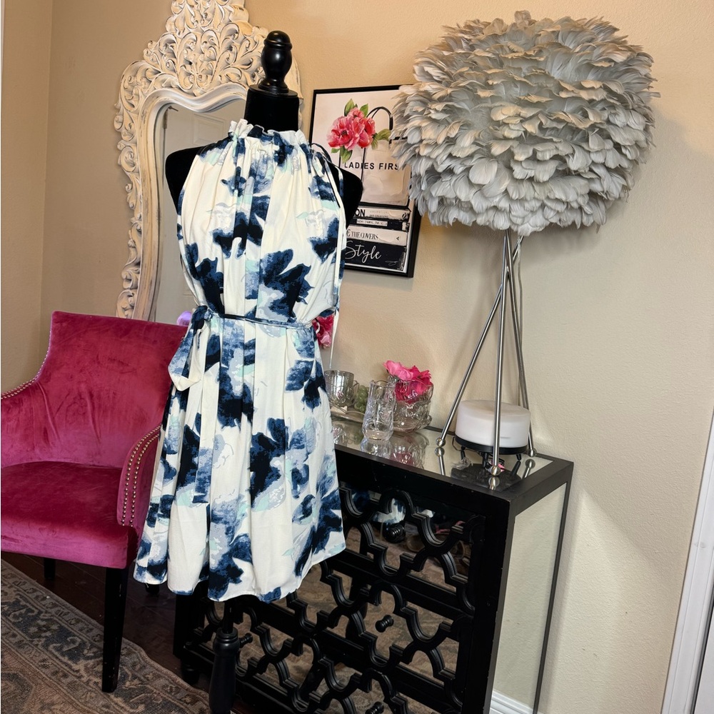 Floral Halter Dress in Blue and White